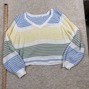 Altar'd State Striped V Neck Cropped Sweater‎ Women Sz M Yellow Blue Green White